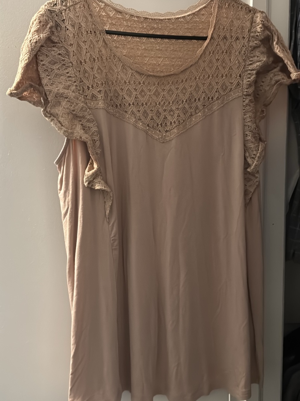 Lace Yoke Flutter Sleeve Blouse in Beige